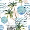 Art illustration with palm tree, doodle and marble grunge textures.