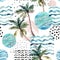 Art illustration with palm tree, doodle and marble grunge textures.