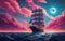 Art illustration pirate ship under galaxy night sky dreamy scenery