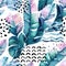 Art illustration with tropical leaves, doodle, grunge textures, geometric shapes in 80s, 90s minimal style.