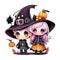 Art for kids, halloween cute wizard and witch wearing a witches hat