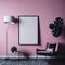 Art Living Room Accent Pink Wall With Armchair and Black Plants, Big Frame On Wall, Studio Gallery Generative AI