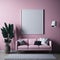 Art Living Room Accent Pink Wall With Armchair and Green Plants, Big Frame On Wall, Studio Gallery Generative AI