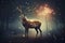 art with a magical forest deer with large golden horns, he stands in a fairy forest. AI generated