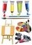 Art materials icons set easel paint