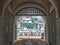 Art The new Jerusalem monastery Istra, Russia view through the Central arch entrance to the monastery and the road in