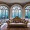 Art Nouveau Elegance: An art nouveau-style living room with curved lines, stained glass windows, and floral motifs1, Generative