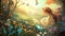 Art nouveau fairy illustration in a magical sunlit forest desktop wallpaper screensaver