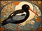 art nouveau illustration of an oystercatcher in an ornate decorative golden background