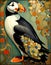 art nouveau illustration of a puffin in an ornate floral nature background
