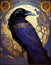 art nouveau illustration of a raven in an ornate decorative golden background