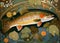 Art nouveau illustration of a trout in an ornate decorative background