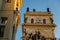 Art Nouveau Renaissance Revival prism-shaped water tower in Vinohrady in sunny winter day, forty metres high cultural landmark,