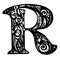 Art Nouveau style vintage font - letter R black and white outline. Vector elements for posters, t-shirts and cards