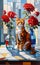 Art Oil painting in cubist style, a beautiful cat sits on the table near a modern vase decorated with flowers and roses