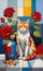Art Oil painting in cubist style, a beautiful cat sits on the table near a modern vase decorated with flowers and roses