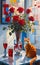 Art Oil painting in cubist style, a beautiful cat sits on the table near a modern vase decorated with flowers and roses