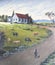 Art painting of humble cottage at sundown with cattle herder and