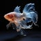 art painting with jumping koi fish floating with white and blue light lines