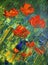 Art painting with red flowers. Original painting