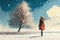 Art picture of a girl have a walk outdoors on the field with tree at winter. dynamic scene, AI generated