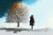 Art picture of a girl have a walk outdoors on the field with tree at winter. dynamic scene, AI generated
