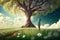 Art picture of a little boy have a walk outdoors on the field with lonely tree at summer. dynamic windy scene, ai generated