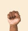 Art poster of an African man's raised fist isolated on a brown background. Wall decor print of human hand.