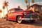 Art of a Red Classic Car on the Beach in the Style of the Late 1940s Early 1950s, Generative AI