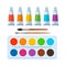 Art supplies, brushes, box, tubes with watercolor paints.