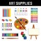 Art Supplies: paints, easel, watercolors, brushes, palette