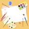 Art tools and materials for painting and creature for artist. Brushes, pencils, paper and paints. Cartoon Flat Illustration.