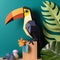 Art Toucan On Wooden Platform: Editorial Illustration Style With Earthy Color Palette