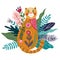 Art vector colorful isolated illustration with cute ginger cat, flower and grass