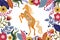 Art vector horizontal colorful illustration with beautiful abstract folk horse and flowers