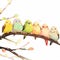 Art watercolor colorful illustration of birds on the branch. Birds in nature. Group of beautiful small songbird sitting on the