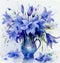 Art watercolor illustration of bluebells flowers in blue ceramic vase on white background