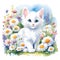 Art. Watercolor illustration of a cute beautiful kitten on a lawn with flowers. Print for clothes. Fashion illustration. cartoon