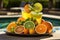 artful arrangement of citrus fruits for poolside cocktails