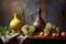artful arrangement of olive oil, olives, and ceramic jug
