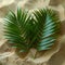 Artful arrangement of palm fronds on sandy beach