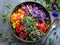 An artful, colorful salad bowl with a mix of fresh vegetables, edible flowers, and a sprinkle of sesame seeds. Generative AI