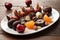 an artful display of chocolate-covered fruits and nuts on a white plate