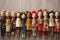 artful display of finished handmade dolls in a row
