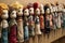 artful display of finished handmade dolls in a row