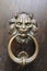 Artful lion head as a door knocker on an antique door in Italy