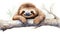 Artful Watercolor Sloth Hanging Lazily Smiling on White Background AI Generated