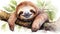 Artful Watercolor Sloth Hanging Lazily Smiling on White Background AI Generated