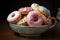 Artfully glazed ceramic pot holds a tempting assortment of delicious donuts