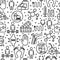 Arthritis seamless pattern with thin line icons of symptoms and treatments: pain in joints, obesity, fast food, alcohol, medicine